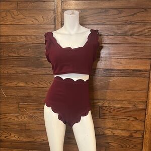 Zaful Burgundy Scalloped Bikini Set